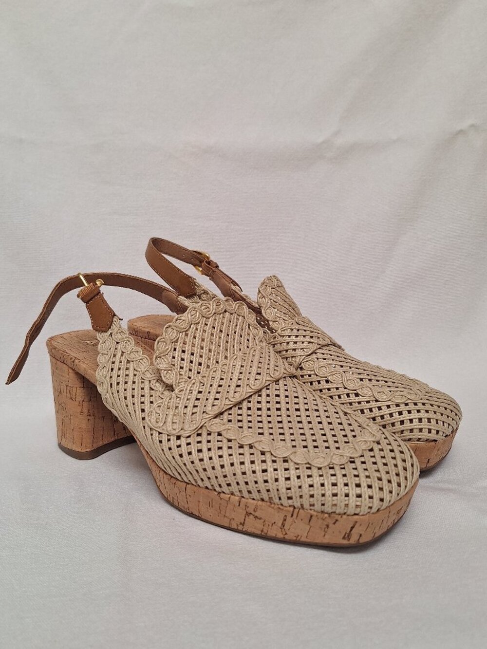 Aerosoles Santina 10W Platform Slingback Heels Natural Raffia Cork Wide